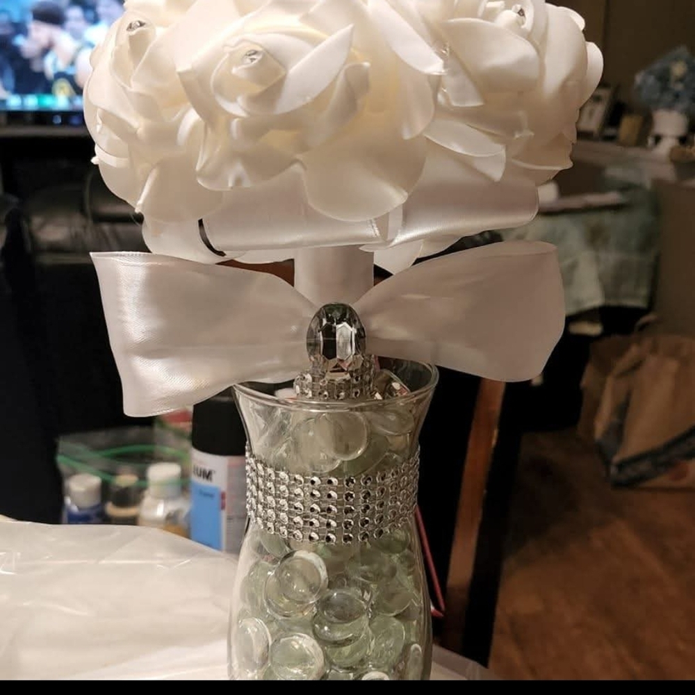 Elegant White Rose Vase with Bow Accent